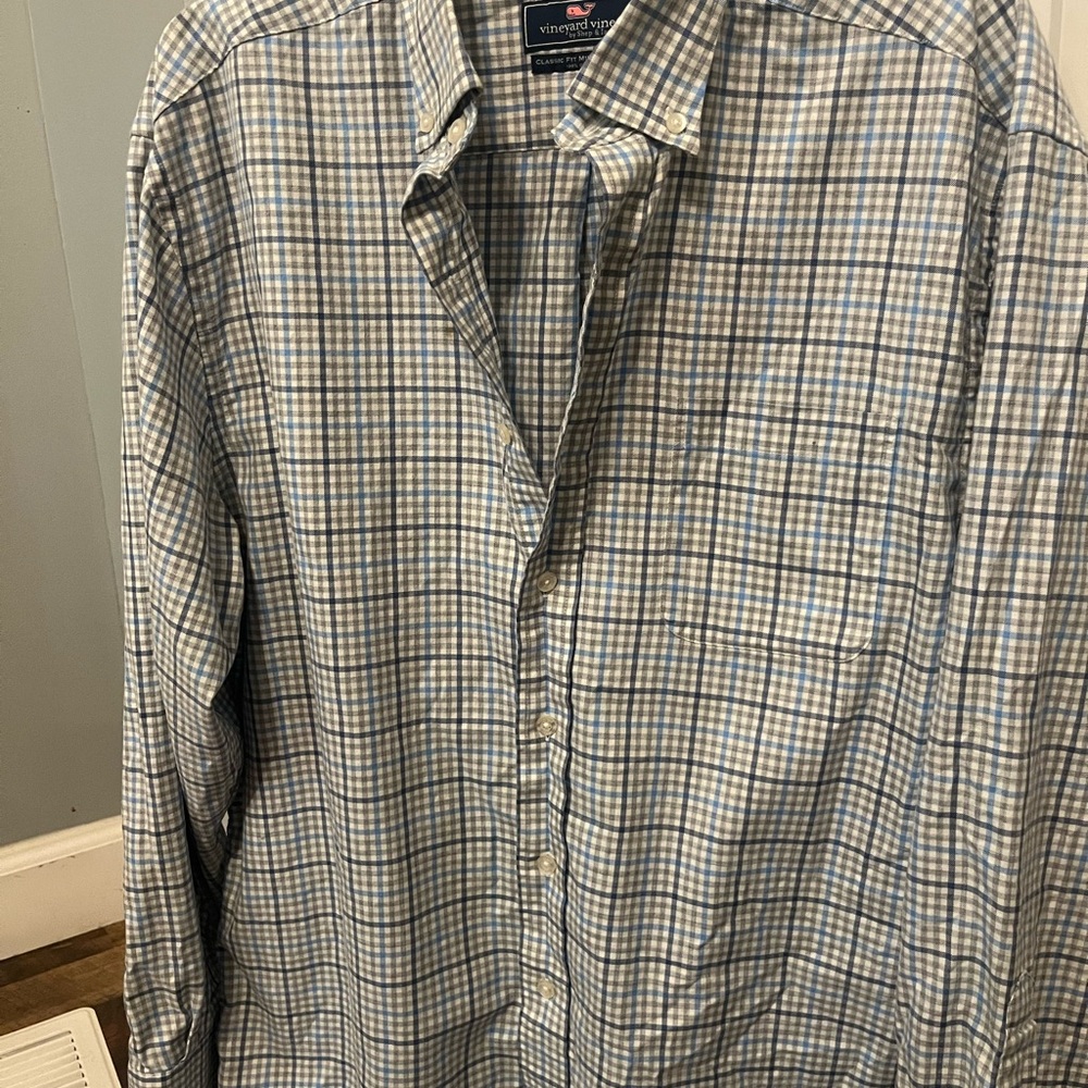Vineyard Vines Men's Green and Blue Plaid Shirt